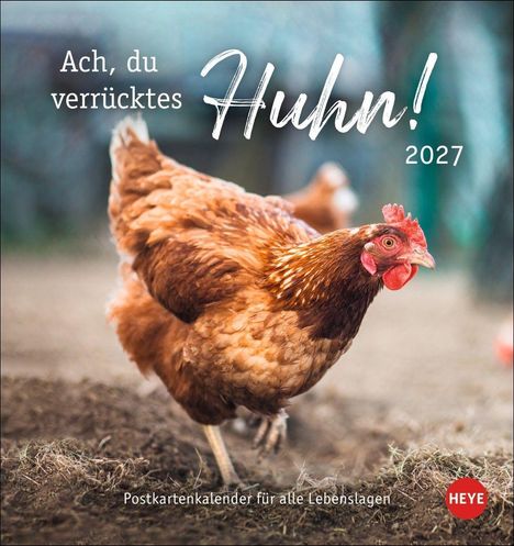 "Ach, du verrücktes Huhn! 2027. Postkartenkalender für alle Lebenslagen." Ein Huhn auf einem Erdboden.
