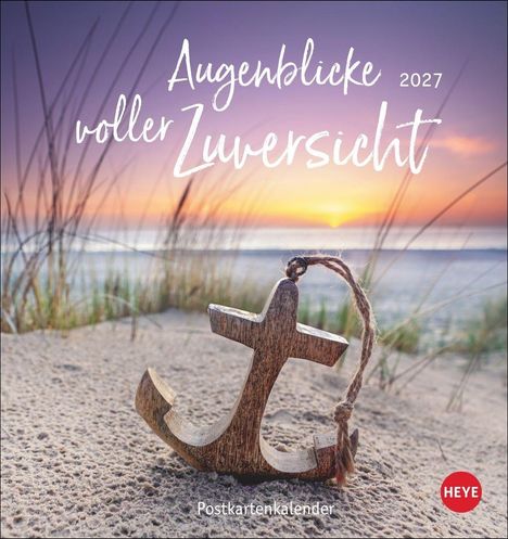 Texte: "Augenblicke voller Zuversicht 2027", "Postkartenkalender". Ein Anker liegt am Strand bei Sonnenuntergang.