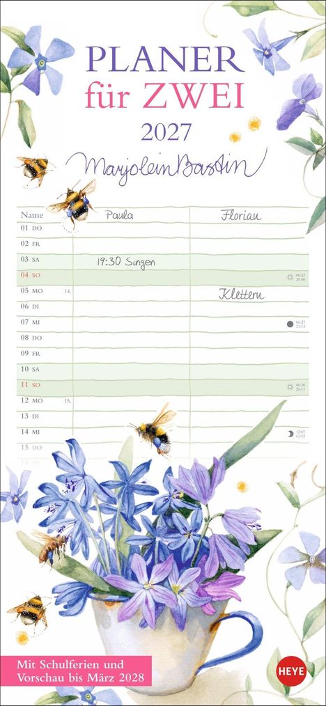 "PLANER für ZWEI 2027", Text oben. Illustration mit Blumen, Bienen und einer Tasse. Organisiert für zwei Personen.