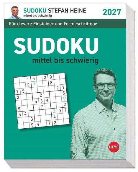 Der Text besagt: "SUDOKU Stefan Heine, mittel bis schwierig, 2027". Gezeigt wird ein Sudoku-Gitter und eine Person.