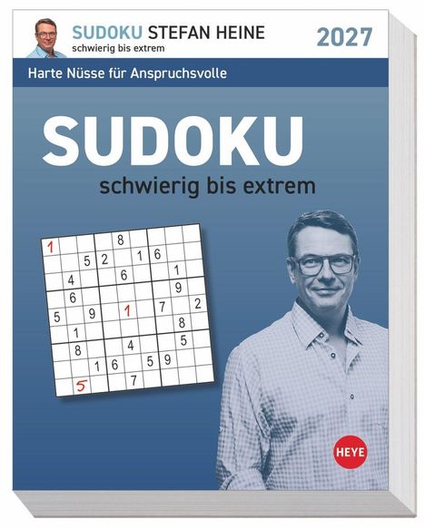 Text: Sudoku Stefan Heine, Harte Nüsse für Anspruchsvolle, 2027. Ein Mann, Sudoku-Rätsel, rotes Logo.
