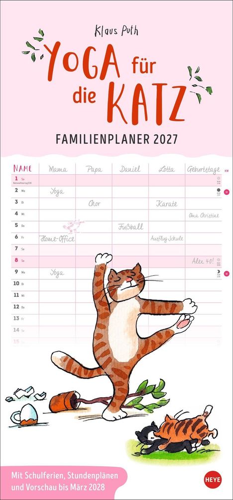 "Yoga für die Katz", Familienplaner 2027 mit Illustrationen von Katzen in Yoga-Posen.