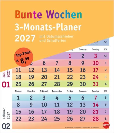 "Bunte Wochen", "3-Monats-Planer 2027", "Top-Preis € 8,99". Kalenderblätter Januar und Februar 2027, farbenfrohes Design.