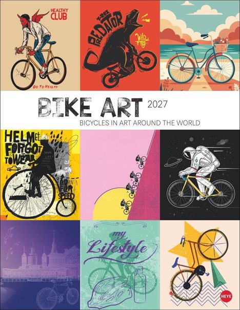 "BIKE ART 2027: Bicycles in Art Around the World." Neun bunte Illustrationen mit Fahrrädern in kreativen Szenarien.