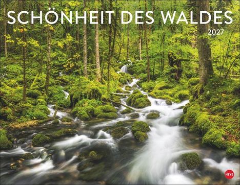 Text: SCHÖNHEIT DES WALDES 2027. Ein malerischer Wald mit Bäumen und einem plätschernden Bach im Vordergrund.