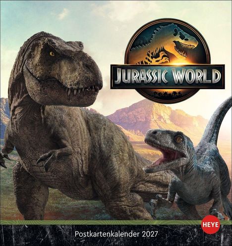 „Jurassic World“ Logo, „Postkartenkalender 2027“. Dinosaurier in Landschaft. Ein großer, imposanter Fleischfresser und ein kleinerer.