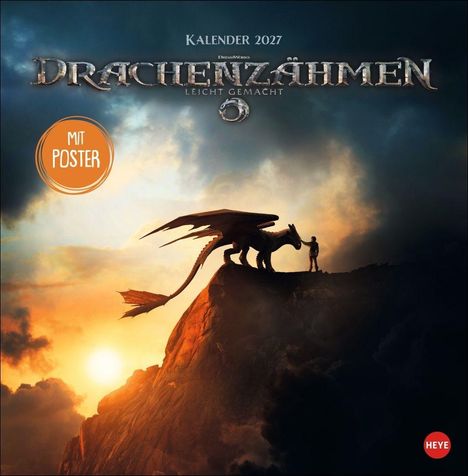 Text: "Kalender 2027 Drachenzähmen leicht gemacht". Illustration: Drache und Mensch stehen auf einem Felsen, Sonnenuntergang.