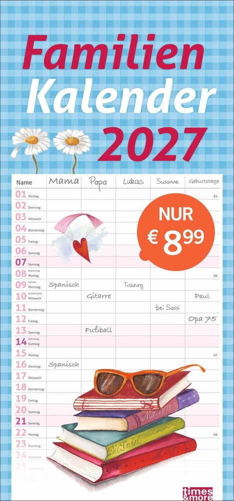 "Familien Kalender 2027", "NUR €8.99". Neben Gänseblümchen, Kalender mit Spalten für Familienmitglieder, und Bücherillustration.