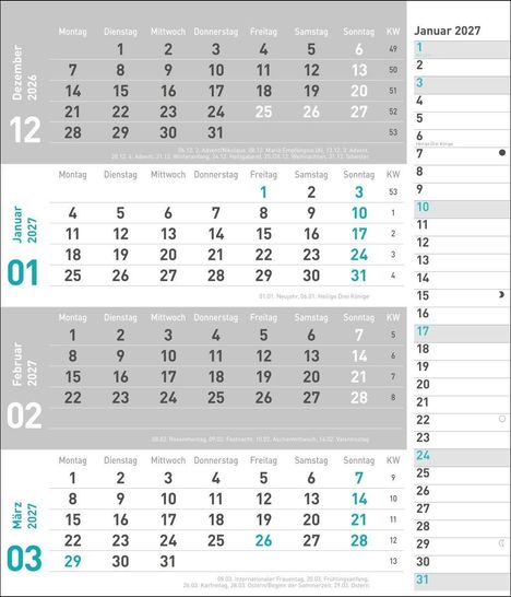 Kalender für Dezember 2026 bis März 2027 mit Feiertagen: Neujahr, Heilige Drei Könige, Rosenmontag, Valentinstag, Ostern.