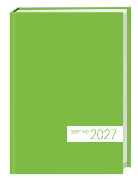 "termine 2027" steht auf einem hellgrünen Buchumschlag.