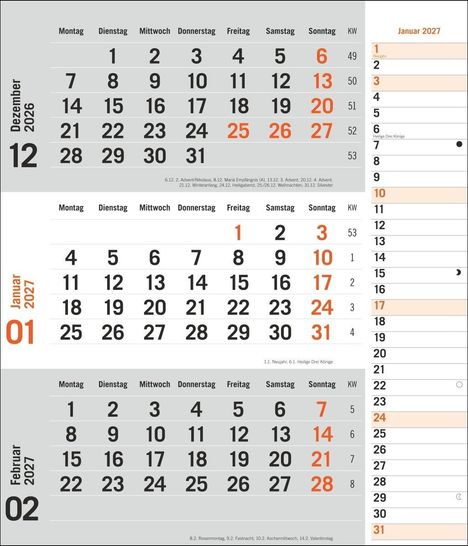 Kalender für Dezember 2026 bis Februar 2027. Feiertage: Nikolaus, Maria Empfängnis, Neujahr, Heilige Drei Könige, Rosenmontag.