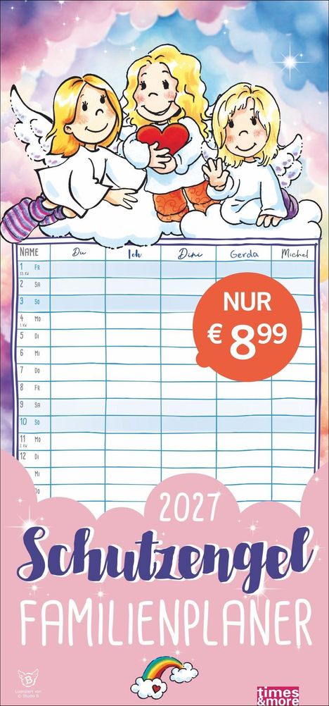 "Schutzengel Familienplaner 2027" in pastellfarbenem Design mit drei illustrierten Engeln auf Wolken. Preis: € 8,99.