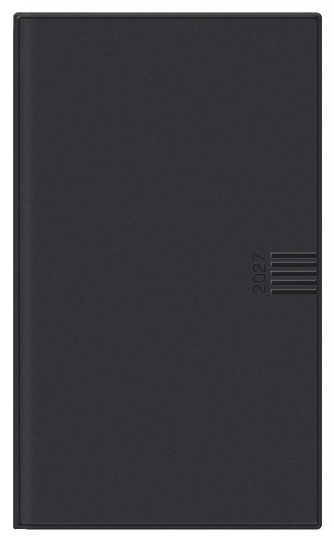 Text "2027" in vertikaler Anordnung; schlichtes, schwarzes Cover eines Buches oder Kalenders.