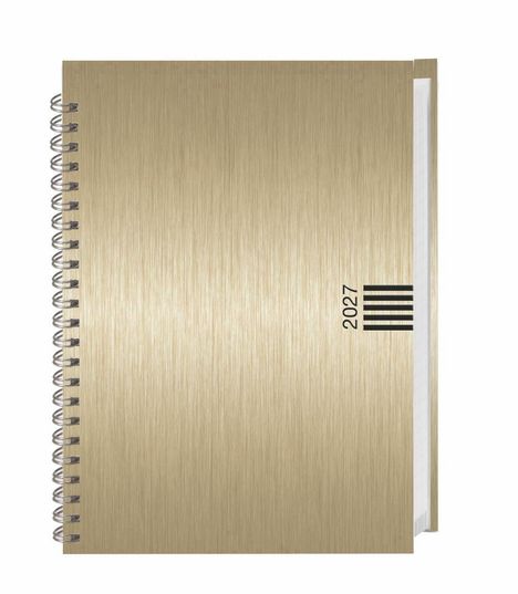„2027“ steht neben einem Barcode. Ein Metall-Spiralringbuch mit hellbraunem, gebürstetem Umschlag ist zu sehen.