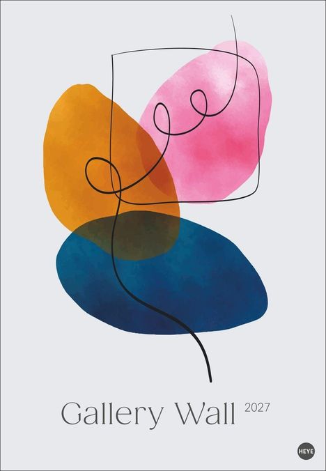 "Gallery Wall 2027" steht unten. Bunte abstrakte Formen in Orange, Rosa und Blau mit geschwungenen Linien.