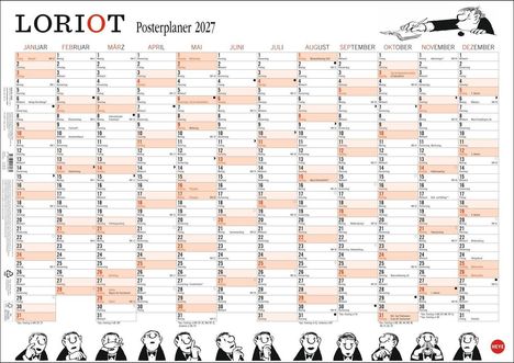 Posterplaner 2027: Kalender mit Monaten und Feiertagen. Oben rechts Comic-Figur, unten schwarz-weiße Figurenreihe.