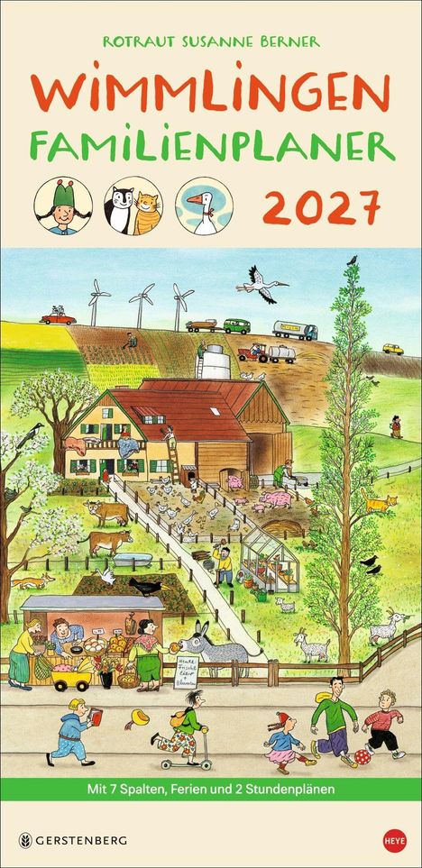 Text: "Wimmlingen Familienplaner 2027. Mit 7 Spalten, Ferien und 2 Stundenplänen." Illustration eines belebten Bauernhofs.