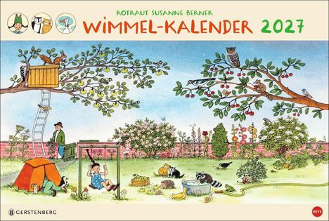 "Rotraut Susanne Berner Wimmel-Kalender 2027". Illustration eines Gartens mit spielenden Tieren und Kindern.