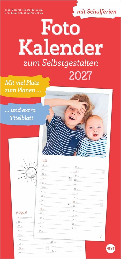 Foto Kalender zum Selbstgestalten 2027. Mit Schulferien, viel Platz zum Planen, extra Titelblatt. Zwei Kinder lächeln.