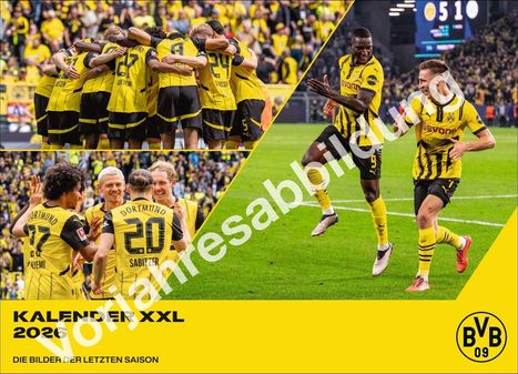 "Kalender XXL 2024. Die Bilder der letzten Saison." Fußballspieler in gelb-schwarzen Trikots feiern. BVB 09 Logo.