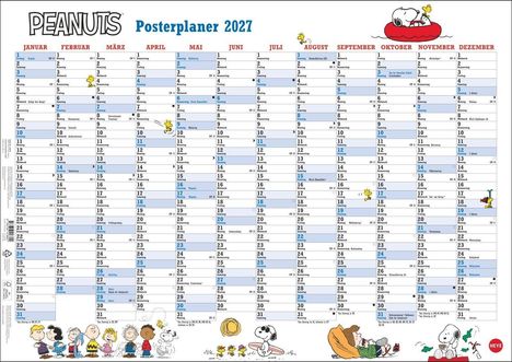 "Peanuts Posterplaner 2027" oben, Kalendertage und Monate darunter. Peanuts-Charaktere sind abgebildet.