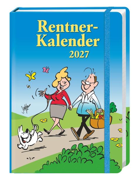 "Rentner-Kalender 2027" in Gelb. Cartoon eines Paares mit Hund beim Spazieren, Wiese und Schmetterlinge im Hintergrund.