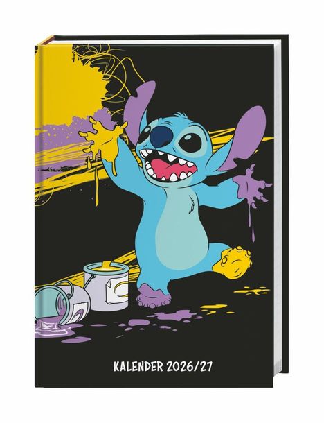 "Kalender 2026/27." Eine farbenfrohe Illustration eines blauen Wesens mit Farbe bedeckt, umgeben von Farbdosen.