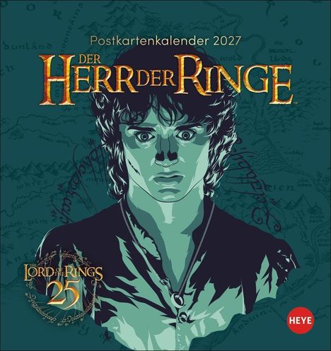 "Postkartenkalender 2027. Der Herr der Ringe. Illustration eines Mannes vor einer Landkarte, HEYE-Logo unten rechts."
