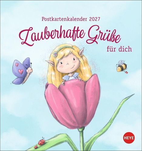 „Postkartenkalender 2027, Zauberhafte Grüße für dich“. Ein blondes Mädchen sitzt in einer Tulpe, umgeben von Insekten.
