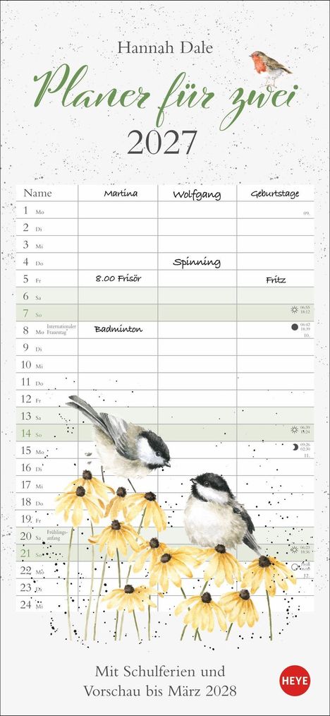 „Hannah Dale Planer für zwei 2027“ steht oben. Kalender mit Spalten für Martina, Wolfgang, Geburtstage. Zwei Vögel auf Blumen.