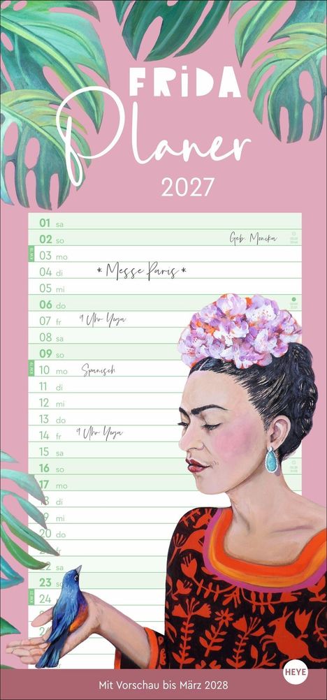 "Frida Planer 2027" steht oben, darunter eine Illustration mit Frida Kahlo, floralen Elementen und einem Vogel auf ihrer Hand.
