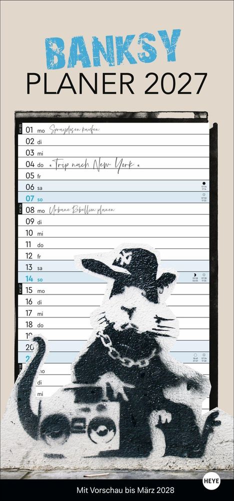 "PLANER 2027" in Blau und Schwarz. Illustration einer Graffitiratte mit Kappe, Kette und Boombox unten.