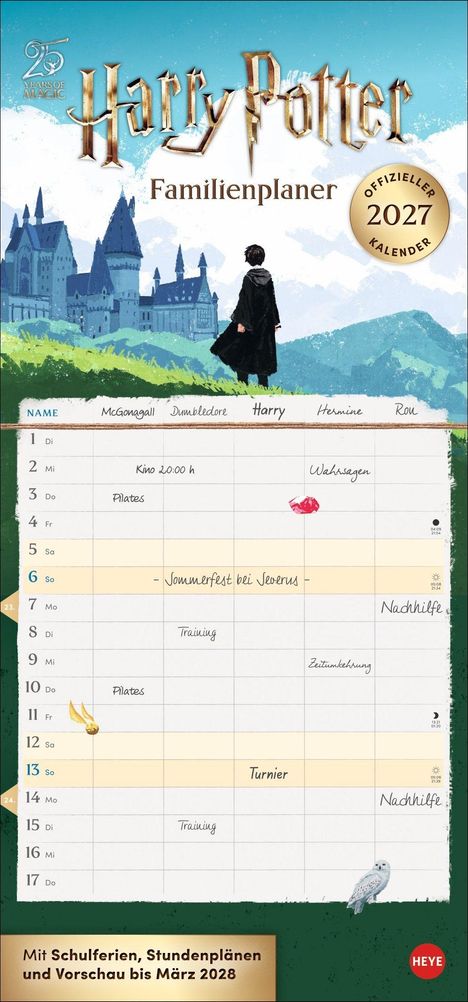 „Harry Potter Familienplaner, offizieller Kalender 2027.“ Illustration von Hogwarts und einer Figur im Umhang.