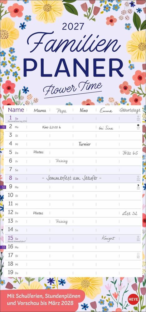 2027 Familien Planer "Flower Time". Kalender mit Spalten für Mama, Papa, Nino, Emma. Florales Design.