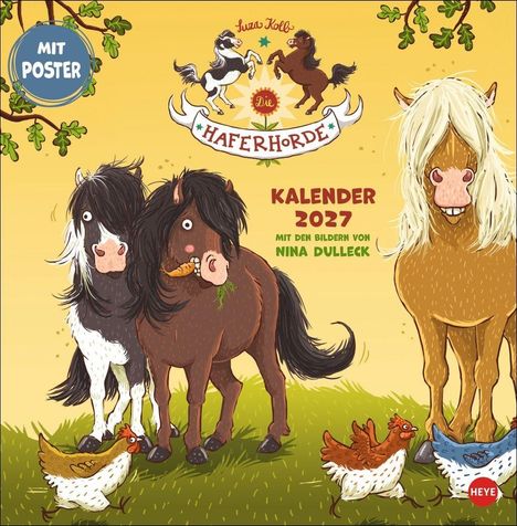 "Mit Poster. Kalender 2027 mit den Bildern von Nina Dulleck." Illustration von drei Ponys und Hühnern auf einer Wiese.