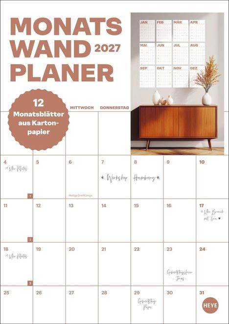 "MONATS WAND PLANER 2027", "12 Monatsblätter aus Kartonpapier", Kalender mit Möbeldesign und Vasen.
