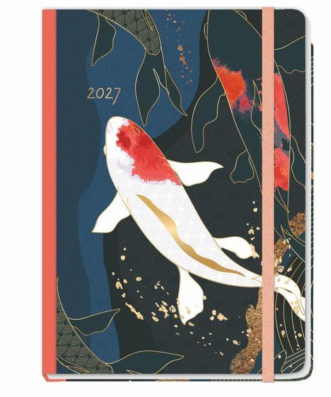 Text "2027". Illustration mit Koi-Fischen in Rot und Gold auf dunklem Hintergrund. Elegantes Design mit Glitzerelementen.