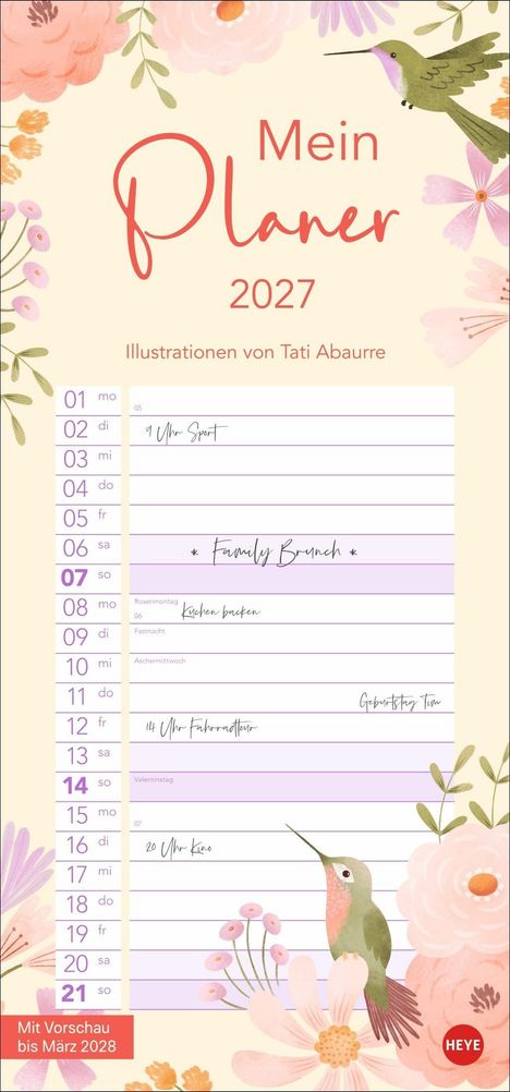 „Mein Planer 2027“ steht in großen Buchstaben. Illustrationen zeigen Blumen und Kolibris, sanfte Farben dominieren.