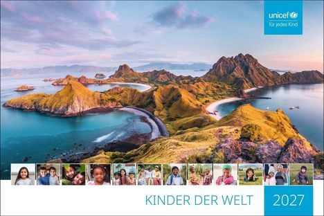 Text: "UNICEF für jedes Kind", "KINDER DER WELT 2027". Landschaft mit Inseln und blauem Wasser, unten Portraits von Kindern.