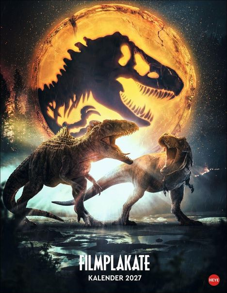 "Filmplakate Kalender 2027." Zwei Dinosaurier vor einem großen, leuchtenden Mond mit einem Dinokopf-Schatten, darunter Natur.