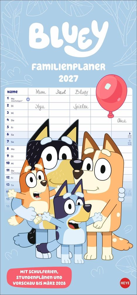 „Bluey Familienplaner 2027“. Tabelle mit Terminen, darunter Cartoon-Hunde, bunter Hintergrund mit Luftballon.