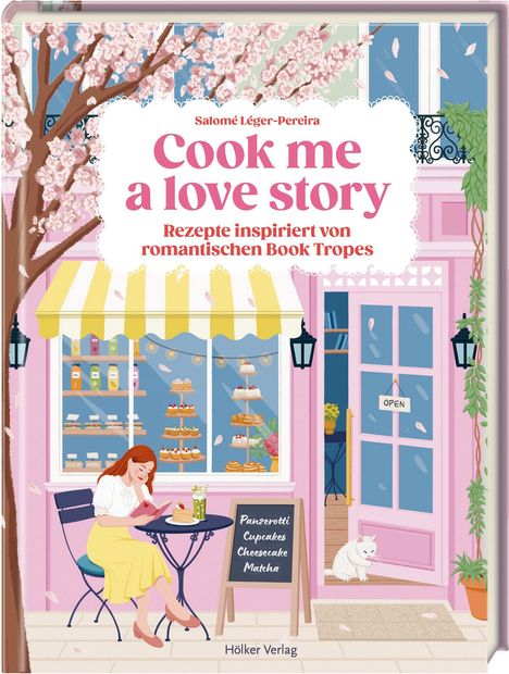 Cook me a love story, Rezepte inspiriert von romantischen Book Tropes. Illustration: Frau in Café, Blütenbaum, Katze.