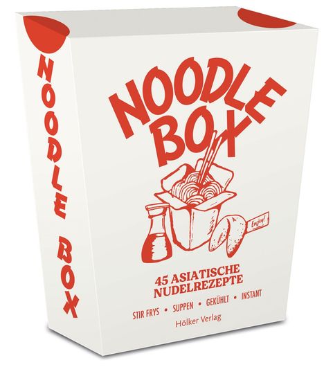 „NOODLE BOX - 45 Asiatische Nudelrezepte.“ Illustration einer Nudelbox mit Stäbchen, Sauce und Glückskeks.