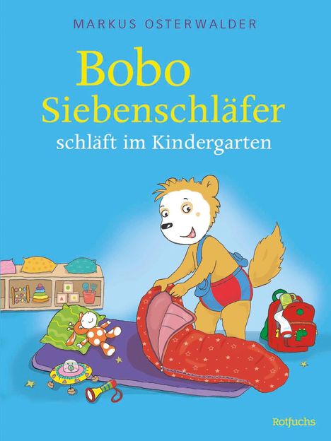 Text: "Markus Osterwalder Bobo Siebenschläfer schläft im Kindergarten." Illustration eines schlafenden Nagers.