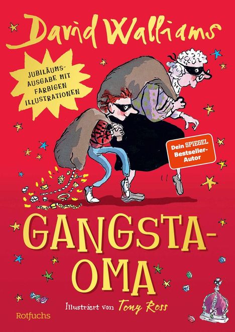 Titel "Gangsta-Oma" in gelber Schrift auf rotem Hintergrund. Illustration: Junge mit Oma als Diebe, umgeben von Sternen.