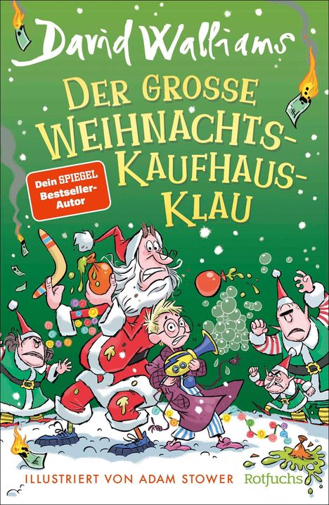 Buchtitel: "Der große Weihnachtskaufhausklau". Santa hält Spielzeuge, Kinder schauen überrascht. Illustrativ, festlich.
