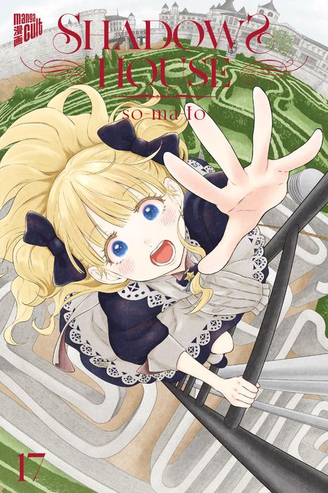 Text: „SHADOWS HOUSE“, „so-ma-to“. Illustration: Mädchen mit blonden Haaren steigt lachend eine Leiter hoch.