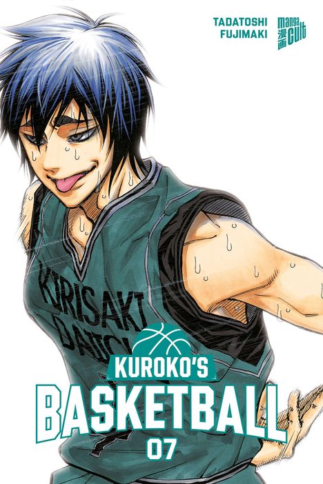 „KIRISAKI DAICHI“ auf grünem Trikot. Junge schwitzt, blaue Haare, zeigt Zunge. Titel: „KUROKO'S BASKETBALL 07“.