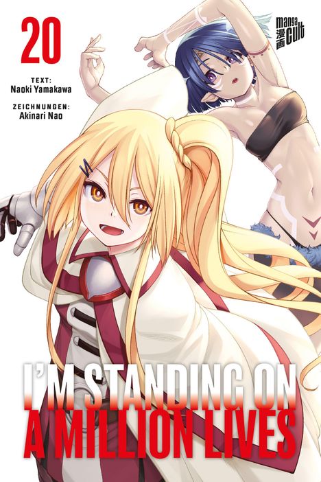 Text: "20", "I'm Standing on A Million Lives", "Naoki Yamakawa", "Akinari Nao". Zwei Anime-Figuren, eine lächelt, die andere posiert.