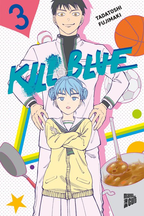 „3“, „Kill Blue“, „TADATOSHI FUJIMAKI“. Anime-Stil: Junge mit schwarzen Haaren hinter Mädchen mit blauen Zöpfen, beide in Uniform.
